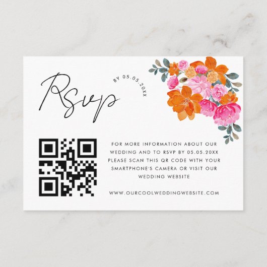 RSVP-Karte mit rosa und orangefarbenem QR-Code Begleitkarte (Rückseite)