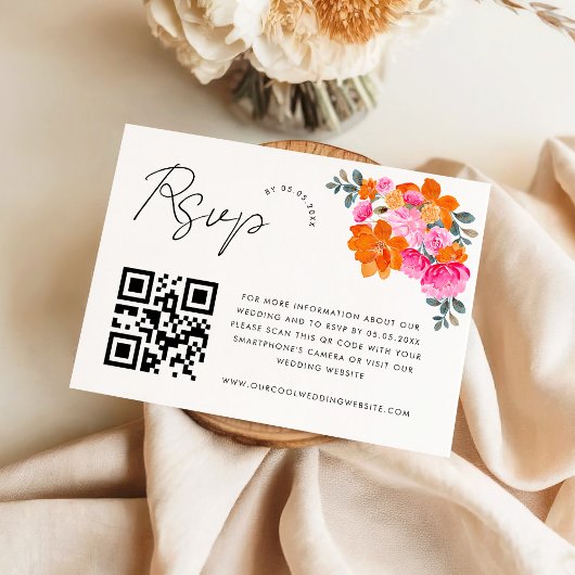RSVP-Karte mit rosa und orangefarbenem QR-Code Begleitkarte