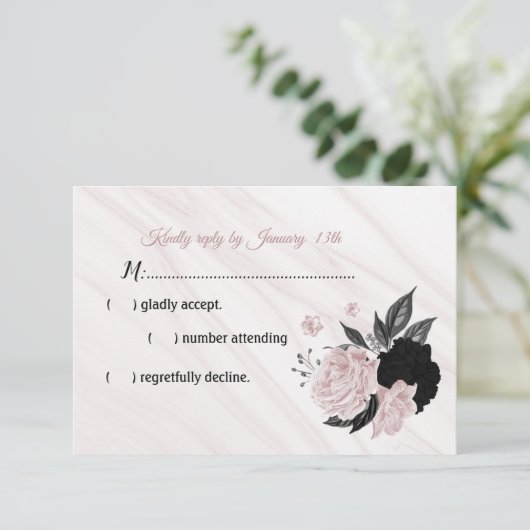RSVP-Karte mit schwarz-rosa Blume RSVP Karte (Stehend Vorderseite)