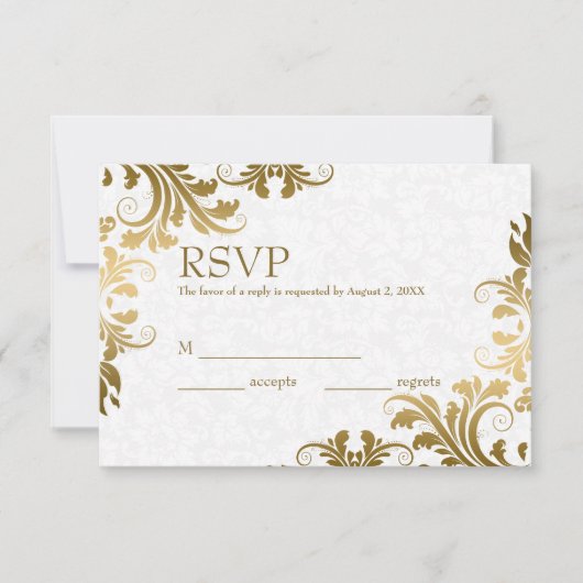 RSVP-Karte mit weißem Damast und goldener Spitze RSVP Karte (Vorderseite)