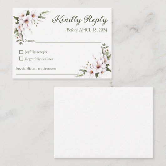 RSVP-Karte mit weißer Blüte, Antwortkarte Mitteilungskarte (Vorne/Hinten)