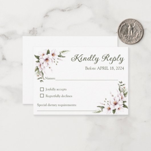 RSVP-Karte mit weißer Blüte, Antwortkarte Mitteilungskarte (Vorderseite/Rückseite Beispiel)