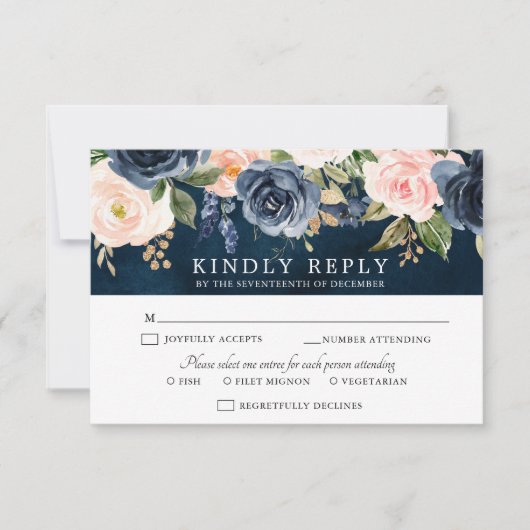 RSVP-Karte Navy Blue Blush Pink Rose Boho Wedding RSVP Karte (Vorderseite)