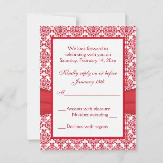 RSVP-Karte "Red & White Damask & Hearys" Einladung (Rückseite)