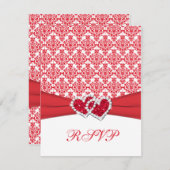 RSVP-Karte "Red & White Damask & Hearys" Einladung (Vorne/Hinten)