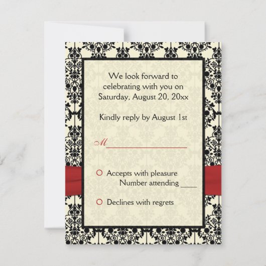 RSVP-Karte Rot, Elfenbeinküste und schwarzer Damas RSVP Karte (Rückseite)