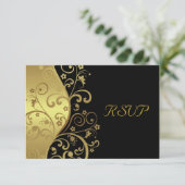 RSVP-Karte - Schwarze und goldene Wirbel RSVP Karte (Stehend Vorderseite)