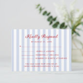 RSVP-Karte "Striped Blue" und "Red Wedding" Einladung (Stehend Vorderseite)