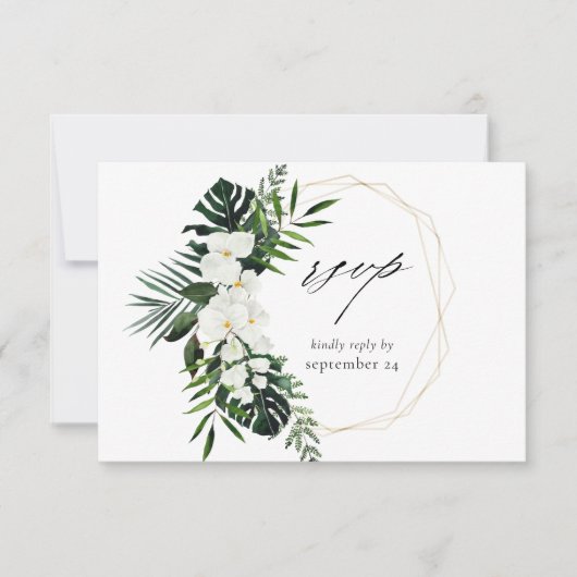 RSVP-Karte Tropical Palm & White Floral w Meal RSVP Karte (Vorderseite)