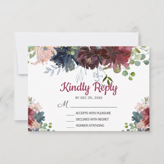 RSVP-Karte von Burgund Navy Pink Floral Wedding RSVP Karte (Vorderseite)