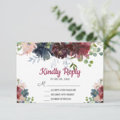 RSVP-Karte von Burgund Navy Pink Floral Wedding RSVP Karte (Stehend Vorderseite)