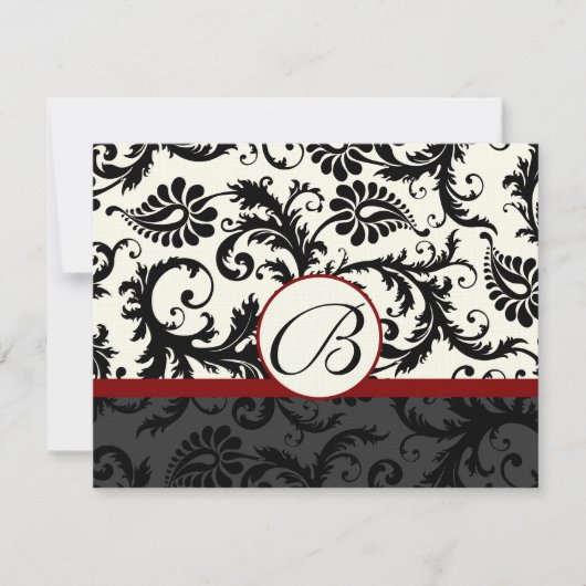 RSVP Karten-Black & Ivory Damask Maroon Trim Karte (Vorderseite)