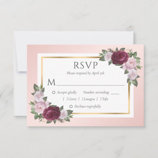 RSVP-Karten für Burgund Blush Gold Floral Wedding RSVP Karte (Vorderseite)
