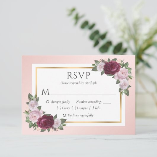 RSVP-Karten für Burgund Blush Gold Floral Wedding RSVP Karte (Stehend Vorderseite)
