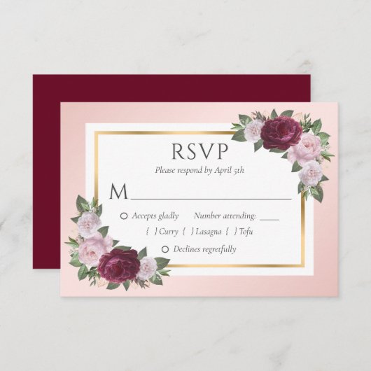 RSVP-Karten für Burgund Blush Gold Floral Wedding RSVP Karte (Vorne/Hinten)