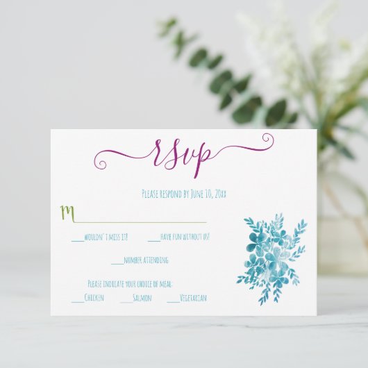 RSVP-Karten für den blauen Flora und Fauna RSVP Karte (Stehend Vorderseite)