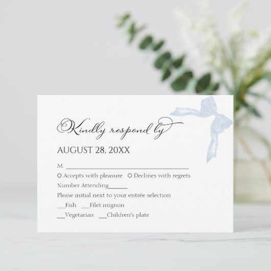 RSVP-Karten für Hochzeiten | Dusty Blue Bow Callig RSVP Karte (Stehend Vorderseite)