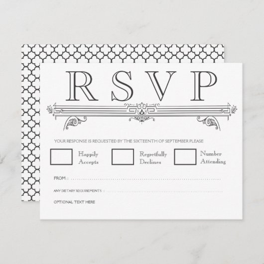 RSVP-Karten für Hochzeiten von Schwarzweiß-Quatref RSVP Karte (Vorne/Hinten)