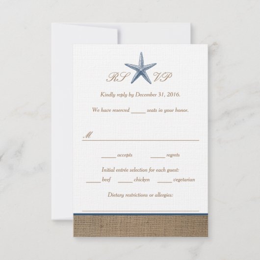 RSVP-Karten für Hochzeiten von Starfish Burlap Bea RSVP Karte (Vorderseite)