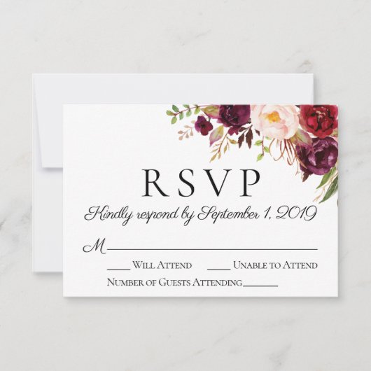 RSVP-Karten für Marsala und Pink Floral Wedding RSVP Karte (Vorderseite)