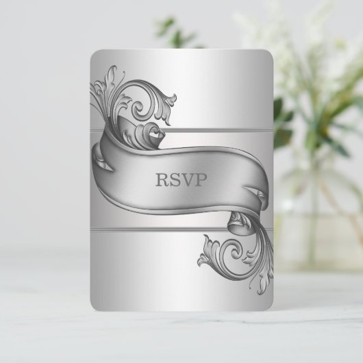 RSVP-Karten für Silver Scroll RSVP Karte (Stehend Vorderseite)