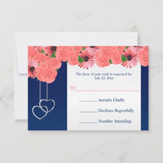 RSVP-Karten Hochzeit Korallen Blume und Navy Blue RSVP Karte (Vorderseite)