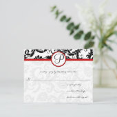 RSVP-Karten mit Schwarz-weißem Damask-Floral-Swirl RSVP Karte (Stehend Vorderseite)