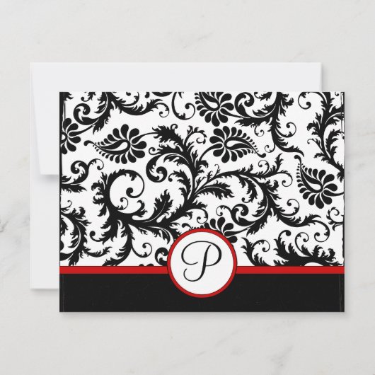 RSVP-Karten mit Schwarz-weißem Damask-Floral-Swirl RSVP Karte (Rückseite)