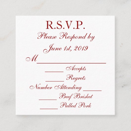 RSVP-Karten mit tiefrotem und weißem Ansprechen Begleitkarte (Vorderseite)