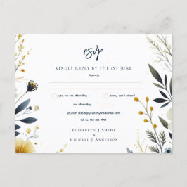 RSVP-KARTEN | Navy Blue Yellow Gold Floral Postkarte