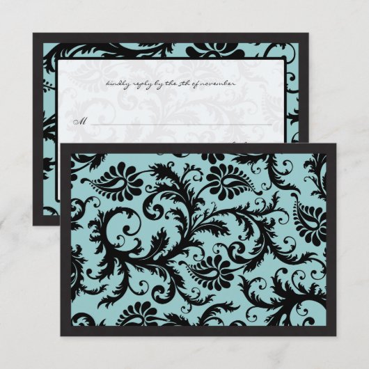 RSVP Karten - Schwarz & Aqua Blue Damask (Vorne/Hinten)