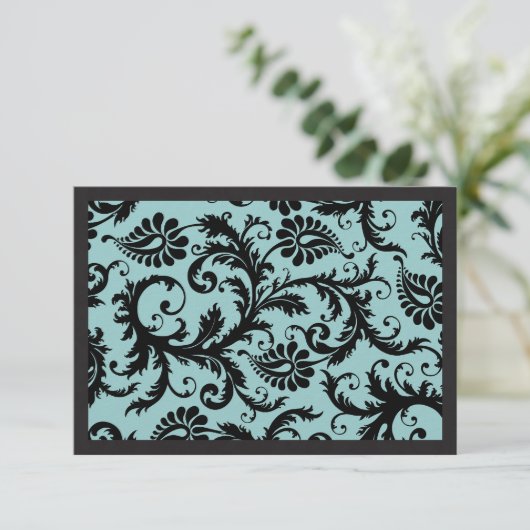 RSVP Karten - Schwarz & Aqua Blue Damask (Stehend Vorderseite)