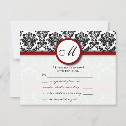 RSVP Karten Schwarz und Burgund Damask Monogramm (Vorderseite)