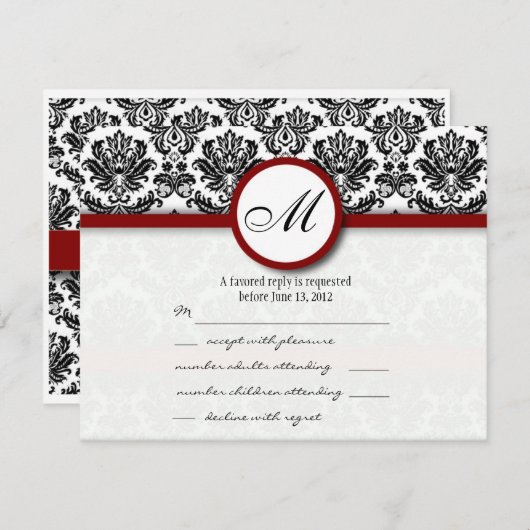 RSVP Karten Schwarz und Burgund Damask Monogramm (Vorne/Hinten)