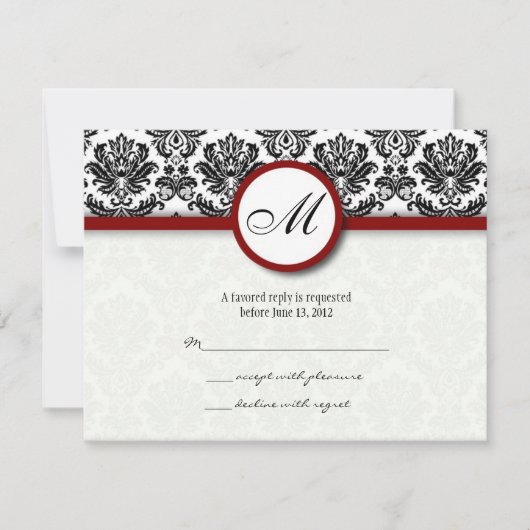 RSVP Karten Schwarz und Burgund Damask Monogramm (Vorderseite)