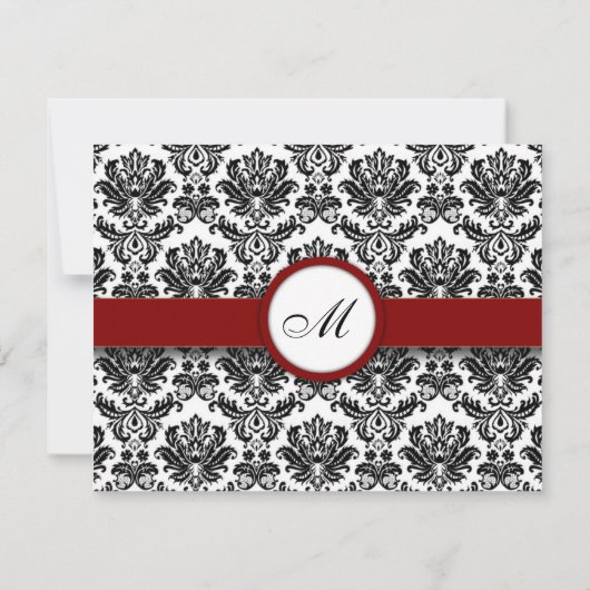 RSVP Karten Schwarz und Burgund Damask Monogramm (Rückseite)
