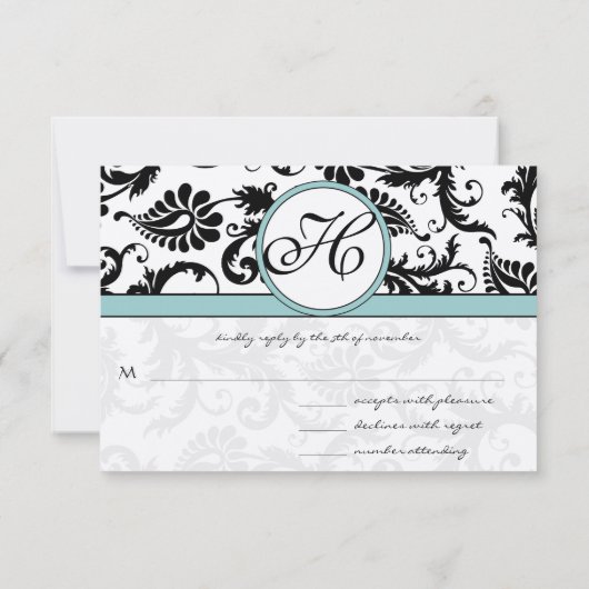 RSVP Karten Schwarz & Weiß Damask Aqua Blau (Rückseite)
