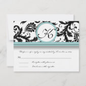 RSVP Karten Schwarz & Weiß Damask Aqua Trim (Rückseite)