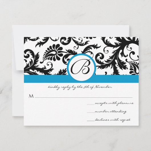 RSVP Karten Schwarz & Weiß Damask Aqua Trim (Rückseite)