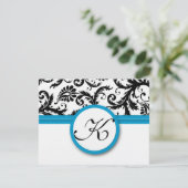 RSVP Karten Schwarz & Weiß Damask Bright Aqua Trim (Stehend Vorderseite)