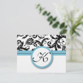 RSVP Karten Schwarz & Weiß Damask Pool Blue Trim (Stehend Vorderseite)