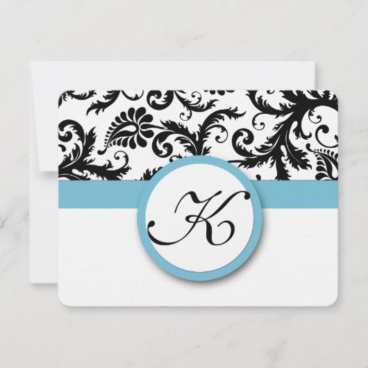 RSVP Karten Schwarz & Weiß Damask Pool Blue Trim (Vorderseite)