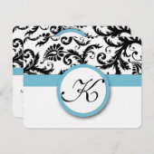 RSVP Karten Schwarz & Weiß Damask Pool Blue Trim (Vorne/Hinten)