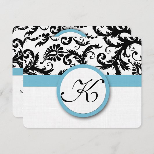 RSVP Karten Schwarz & Weiß Damask Pool Blue Trim (Vorne/Hinten)