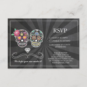 RSVP-Kreide-Hochzeit-Rustikal-Zucker-Schädel-Blume Einladung