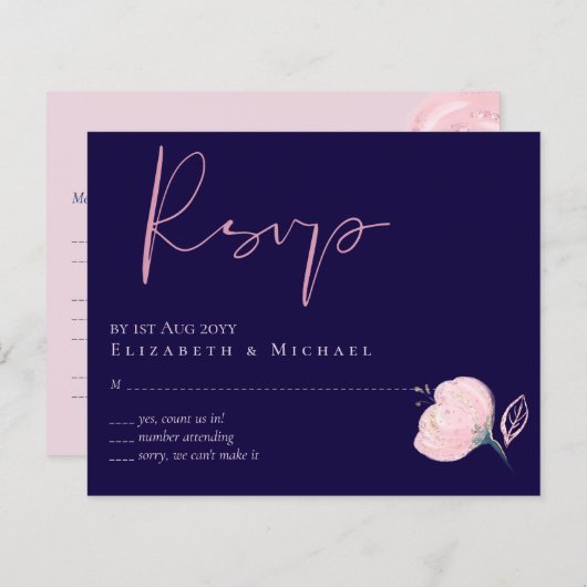 RSVP-Menü "Navy Blue Rose Gold Wedding" (Vorne/Hinten)