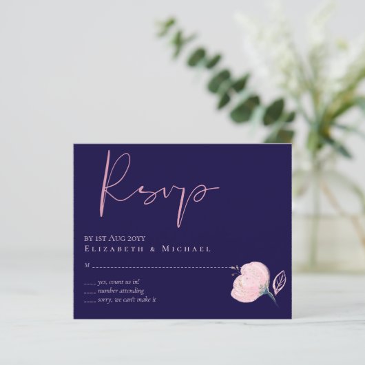 RSVP-Menü "Navy Blue Rose Gold Wedding" (Stehend Vorderseite)