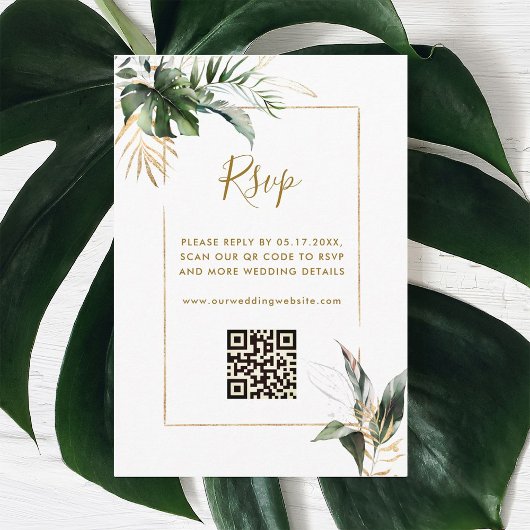 RSVP mit QR-Code für tropische Foliage Gold Begleitkarte