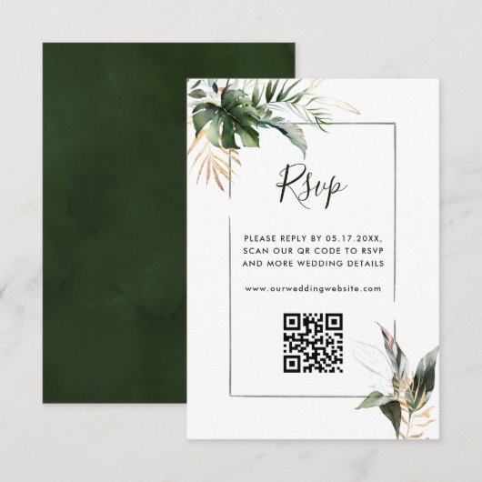 RSVP mit QR-Code für tropische Foliage Green Weddi Begleitkarte (Vorne/Hinten)