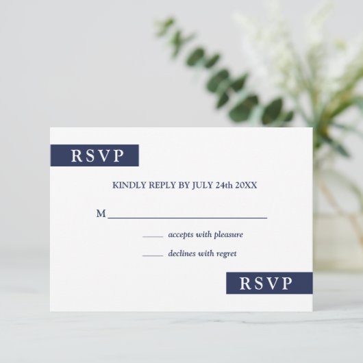 RSVP (Modernes Navy Blue und White Geometric Weddi (Stehend Vorderseite)